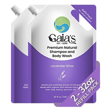 GAIA'S Natural Body Wash and Shampoo Lavender, Bulk Refill Size, 64 Fl Oz, Sulfate Free, Paraben Free, Dye Free, Tear Free, Organic and Natural Ingredients, PH Balance Feminine