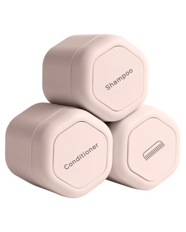 Cadence Travel Containers - Haircare Set - Magnetic Travel Capsules - For Shampoo, Conditioner, Hair Styling Product - 3 Flex Mediums (1.32oz) with Shampoo, Conditioner &amp; Comb Icon Labels - Petal