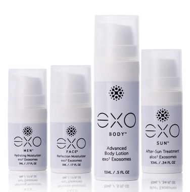 Travel Size Assortment   Unprecedented Hydration   Innovative Exosome Skin Care Solutions   4 travel-sized bottles (1 EXO BODY&trade;, 1 EXO SUN&trade;, 1 EXO FACE&reg;, 1EXO MEN&trade;)   35ML / 1.18 fl oz