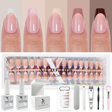 SXC Cosmetics French Tip Press On Nails - Skin Tone Nude and Color Series, XS Square X-Pro Tips Starter Kit ST113KIT