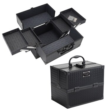 REVLON Makeup Box Organizer With Lock and Key 10-inch Secure Large Makeup Case Organizer and Make Up Case for Women and Girls, Black Basket-Weave