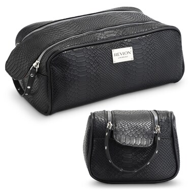 REVLON Croc Embossed Makeup Bag - Small Makeup Pouch, Travel Makeup Organizer with Two Zippers, Cosmetic Bag, Mini Makeup Case with Pockets - Gifts for Women, Ladies, or Teen Girls, Onyx