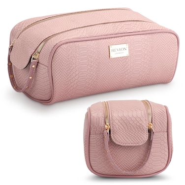 REVLON Croc Embossed Makeup Bag - Small Makeup Pouch, Travel Makeup Organizer with Two Zippers, Cosmetic Bag, Mini Makeup Case with Pockets - Gifts for Women, Ladies, or Teen Girls, Rose Dust
