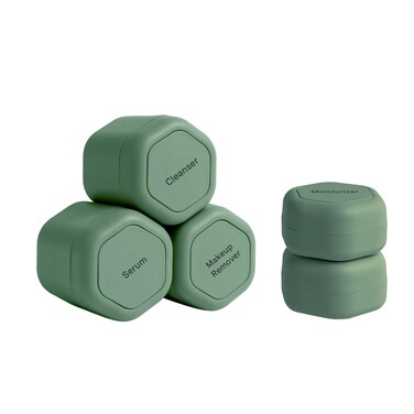 Cadence Travel Containers - Core Skincare Set - Magnetic Travel Capsules - 2 Small (0.56oz) &amp; 3 Medium Capsules (1.32oz) with Cleanser, Moisturizer, Serum, Makeup Remover &amp; Sun-Icon Label - Eucalyptus