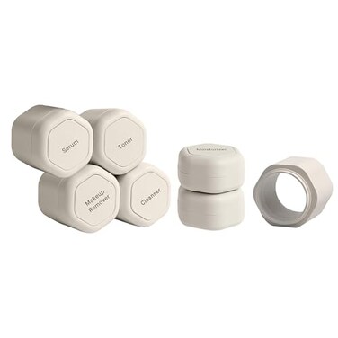 Cadence Travel Containers - Full Skincare Set - Magnetic Travel Capsules - 2 Small (0.56oz), 4 Medium Capsules (1.32oz), &amp; Extender (1.43oz) with Multiple Labels for Better Organization - Sand