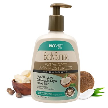 Biocare Body Butter Cream - Deep Moisturizing Cream for Rough, Dry &amp; Hard Skin with 100% Coconut Oil, Hydration for Revitalized &amp; Fresh Skin, Extra Soft Moisturizer for Youthful Glow 16 oz