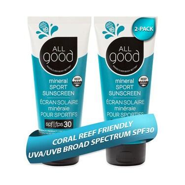 All Good Sunscreen - Sport Mineral Sunscreen Lotion, Reef Friendly, SPF 30+ for Face &amp; Body, Water &amp; Sweat Resistant, 2-pack (3 oz)