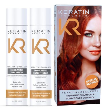 Keratin + Collagen Frizz Free Hydrating Shampoo &amp; Conditioner DUO Set (Contains 2-10.1 oz Bottles) by Keratin Republic