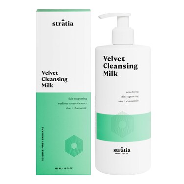 Stratia Velvet Cleansing Milk - Gentle Cream Face Cleanser, Moisturizing &amp; Non-Foaming with Chamomile, Olive Oil &amp; Aloe Vera, 16 Fl Oz