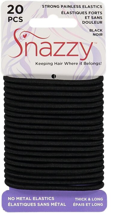 Snazzy Black Hair Bands Thick 20pcs Soft Painless No Damage Hair Elastics Ties Twists 140mm in Length and 4mm in Width Strong Reuseable 1 Pack 20 per card