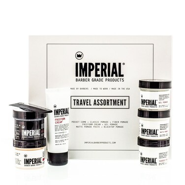 Imperial Barber Travel Assortment/Gift Set Men's Traveling Hair Style -Classic, Fiber, Gel &amp; Blacktop Pomade, Matte Pomade Paste, Freeform Cream, Comb