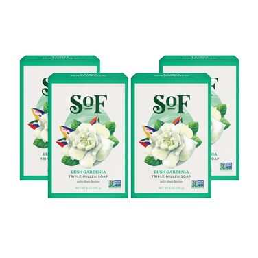 SoF Triple Milled Bar Soap - With Coconut Oil &amp; Organic Shea Butter- Vegan &amp; Non GMO- Free From Phthalates, Sulfates &amp; Parabens- Lush Gardenia - 6 oz Bar 4 Bars