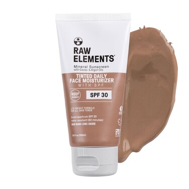 Raw Elements Tinted Daily Face Moisturizer All-Natural Mineral Sunscreen   Non-Nano Zinc Oxide, 95% Organic, Reef Safe, SPF 30, in Bio-Resin Tube, 1.8oz
