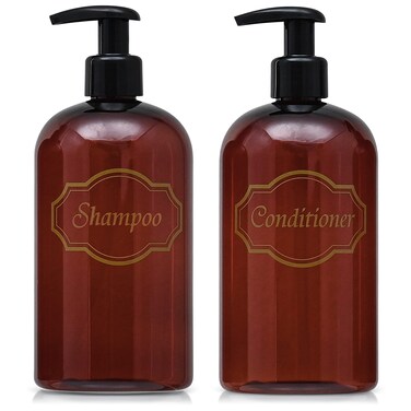 Bottiful Home-16 oz Amber Shampoo and Conditioner Shower Soap Dispensers-2 Refillable Empty PET Plastic Pump Bottle Shower Containers-Printed Design-Waterproof, Rust-Free, Clog-Free, Drip-Free