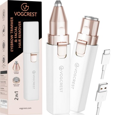 VOGCREST Hair Trimmer, 2 in 1 Facial Hair Remover &amp; Eyebrow Trimmer for Women - Rechargeable, Portable, LED Light (White)