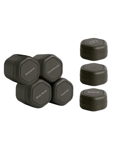 Cadence Travel Containers - Daily Routine Capsule Set - Magnetic Travel Capsules - For Shampoo, Conditioner, Body Wash, Pills, and More - 4 Flex Mediums (1.32oz) &amp; 3 Flex Smalls (0.56oz) - Charcoal