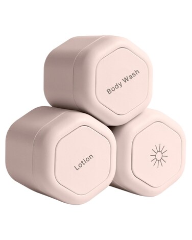 Cadence Travel Containers - Body Care Capsule Set - Magnetic Travel Capsules - For Wash, Lotions, Sunscreens - 3 Flex Mediums (1.32oz) with Body Wash, Lotion, &amp; Sun Icon Labels - Petal