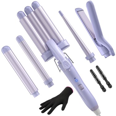 5 in 1 Wand Curling Iron-Curling Wand Set with Hair Straightener, 3 Barrels Hair Crimper Iron, 3 Ceramic Curling Irons (0.35 "-1.25"), 2 Temps Fast Heat Hair Curler Waver with Glove &amp; Clip-Purple