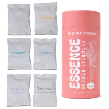 Relax Away Essence Shower Steamers 6 Pack - Essential Oil Aromatherapy - Tranquil, Citrus Mist, Breathe Ease, Teak Grove, Soft Slumber, Zest - Rejuvenate &amp; Relax - Earth-Friendly Packaging