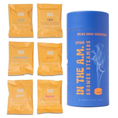 Relax Away in The A.M. Shower Steamers 6 Pack - Energizing Citrus Blends - Pure, Burst, Mist, Glow, Meadow, Spa - Uplifting &amp; Rejuvenating - Essential Oil Aromatherapy - User-Friendly Set