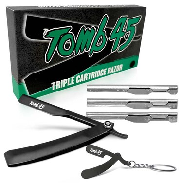 Tomb45 Triple Cartridge Razor Holder   Disposable Razor Safety Handle For Barbers   100% Metal Grip &amp; 3 Adjustable Blade Exposure Options For Shaving   Men's Straight Edge Razors Manual Shaver