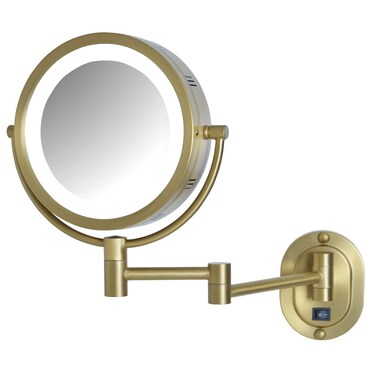 JERDON Wall-Mounted Gold Makeup Mirror with LED Lighting - 5X-1X Magnification &amp; 14&rdquo; Extension - Direct Wire - Model HL65BGD