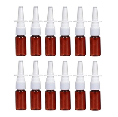 12PCS 10ml/0.34oz Amber Plastic Fine Mist Sprayers Empty Refillable Nasal Spray Bottle Travel Makeup Water Container For Saline Water Makeup Water Perfume Essential Oils