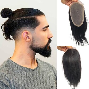 Swiss Lace Front with PU Men's Toupee Man Hairpieces Human Hair Replacement System for Men 4.5x7inch 10inches Long Hair Natural Black Color