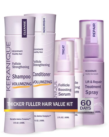 Keranique Volumizing Set for Thinning Hair in Women - Thickening Shampoo, Conditioner, Follicle Booster Serum, Volumizing Spray with Keratin for Fine Texture Boost and Repair