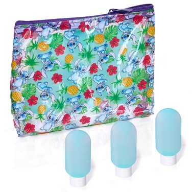 Disney Stitch Travel Bag and Bottle Set Official License, Clear Toiletry Bag with Three 3 oz Squeeze Bottles, Travel