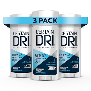 Certain Dri Everyday Strength Clinical Solid Antiperspirant, Hyperhidrosis Treatment for Men &amp; Women, Long-Lasting 72hr Protection, Effective Sweat Control, Travel Friendly, Fresh Scent, 2.6oz, 3 Pack