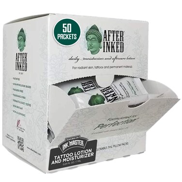 After Inked Tattoo Aftercare Lotion &ndash; Tattoo Moisturizing Balm, As Seen on INK MASTER &ndash; Hydrating Cream with Grape Seed Oil, Skin Nourishment &amp; Daily Maintenance, Reclosable Pillow Pack (50-Pack), 7ml