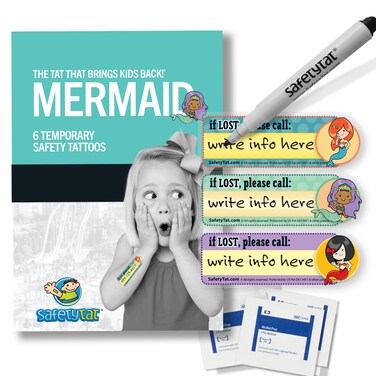 Mermaid 6pk SafetyTat Child ID Tattoos includes skin prep wipes and tattoo marking pen