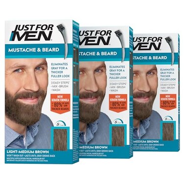 Just For Men Mustache &amp; Beard, Beard Dye for Men with Brush Included for Easy Application, With Biotin Aloe and Coconut Oil for Healthy Facial Hair - Light-Medium Brown, M-30, Pack of 3