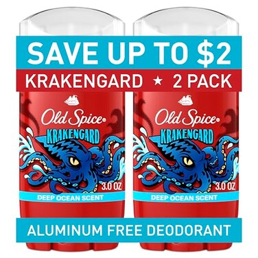 Old Spice Aluminum Free Deodorant for Men, 24/7 Odor Protection, 24/7 Freshness &amp; Lasting Legendary Scent, Krakengard with Deep Ocean Scent, 3.0 oz (Pack of 2)