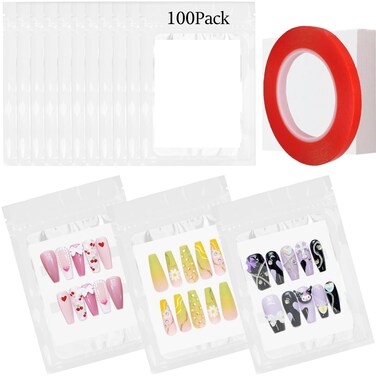 100PCS Empty Solid White Holographic Nail Press on Nail Packaging Bag and 100PCS Shiny white cardboard Nail Tips Packaging Bags with 1 Roll Transparent Tape