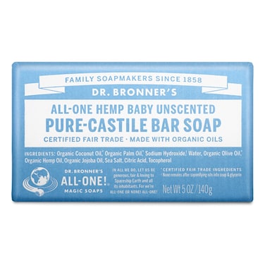 Dr. Bronner's - Pure-Castile Bar Soap (Baby Unscented, 5 ounce) - Made with Organic Oils, For Face, Body and Hair, Gentle for Sensitive Skin and Babies, No Added Fragrance, Biodegradable, Vegan