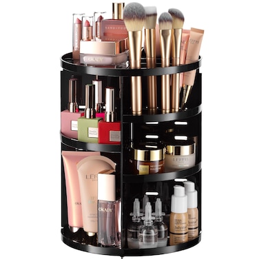 360 Rotating Makeup Organizer - Adjustable Shelf Height and Fully Rotatable. The Perfect Cosmetic Organizer for Bedroom Dresser or Vanity Countertop. (Black)