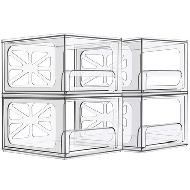 Clear Stackable Storage Drawers - 4-PACK - Acrylic Plastic Organizer Drawer for Bathroom Vanity Cabinet, Kitchen Countertop, Small Office Organization. Easily Organize All Cosmetic Makeup Supplies.