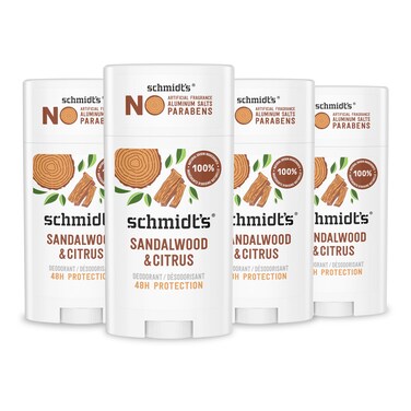 Schmidt's Aluminum-Free Vegan Deodorant Sandalwood &amp; Citrus 4 Count for Women and Men, with 24 Hour Odor Protection, Natural Ingredients, Cruelty-Free, 2.65 oz