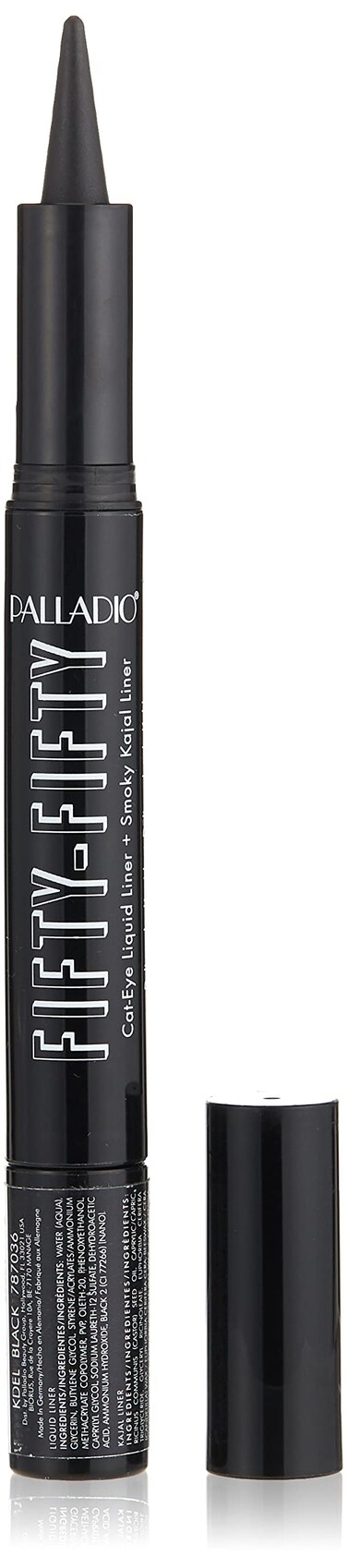 Palladio Fifty-Fifty Eye Liquid Liner, Dual Ended, Professional Eye Styling, Ultra-Soft Kajal crayon and Super Precise Fiber Tip Liner, Smoky and Defined Looks, Smudge Proof, Quick Drying, Black Cat