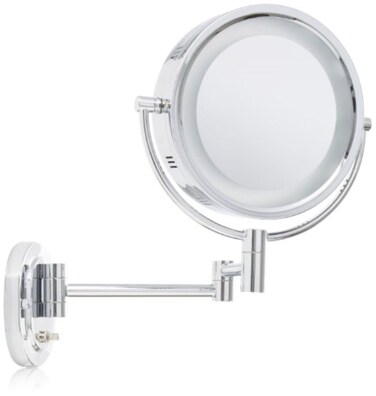JERDON Two-Sided Wall-Mounted Makeup Mirror with Halo Lighting - Lighted Makeup Mirror with 5X Magnification &amp; Wall-Mount Arm - Plug in Round Mirror with Chrome Finish Wall Mount - Model HL65C