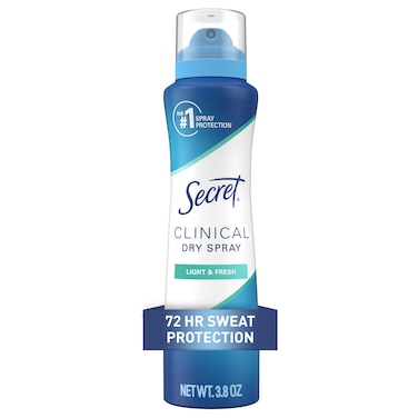 Secret Clinical Strength Dry Spray Antiperspirant Deodorant for Women, 3X Stress Protection, 72hr Sweat &amp; Odor Protection, PH Balancing Minerals, Light &amp; Fresh Scent, 3.8 oz