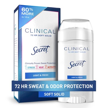 Secret Clinical Strength Antiperspirant Deodorant for Women, 3X Stress Protection, 72hr Sweat &amp; Odor Protection, PH Balancing Minerals, Soft Solid, Light &amp; Fresh Scent, 2.6 oz
