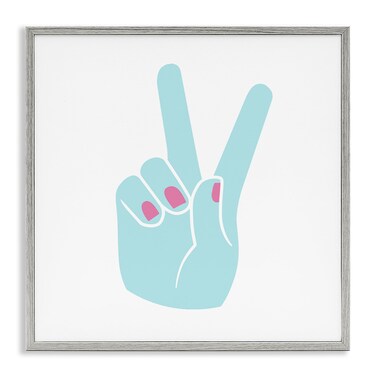 Stupell Industries Peace Hand Teal with Pink Nail Polish, Design by Daphne Polselli Gray Framed Wall Art, 12x12, Blue