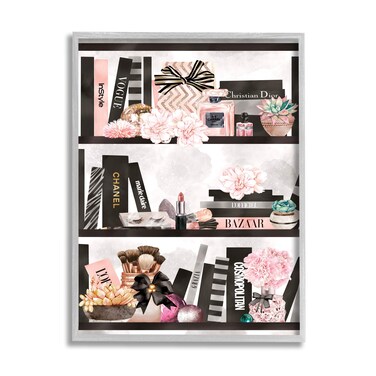 Stupell Industries Fashion Bookshelf Glam Cosmetic Accessories and Books, Designed by Ziwei Li Gray Framed Wall Art, 11 x 14, Pink