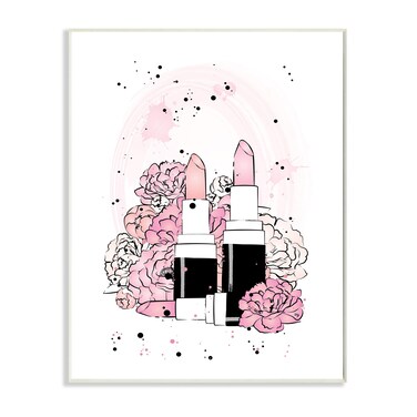 Stupell Industries Pink Peony Florals Glam Lipstick Cosmetic, Design by Martina Pavlova Wall Plaque, 10 x 15, White
