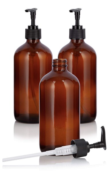 16 oz Amber Glass Boston Round Bottle with Black Lotion Pump Dispenser (3 Pack)