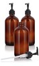 16 oz Amber Glass Boston Round Bottle with Black Lotion Pump Dispenser (3 Pack)