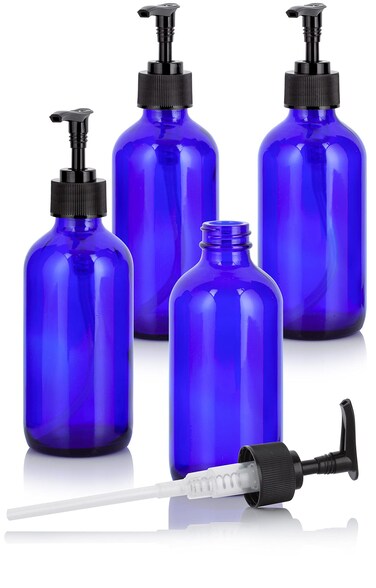 JUVITUS 8 oz Cobalt Blue Boston Round Glass Bottles with Black Lotion Pump (4 pack) + Travel Foamer Bottle